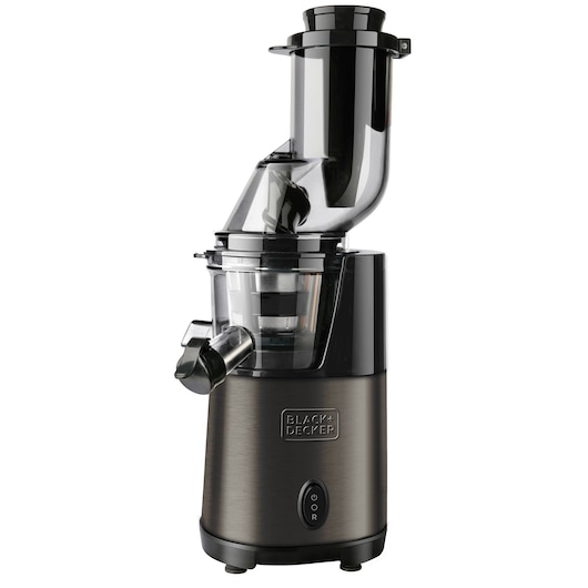 A BLACK+DECKER electric juicer, model BXJE200E, in black and silver with a transparent top section and juice spout, standing upright on a white background.