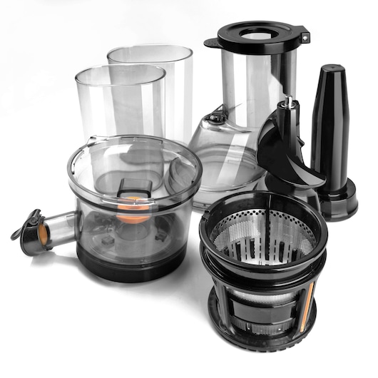 A collection of various transparent and black plastic parts and accessories for a juicer, including containers, filters, and attachments, displayed on a white background.