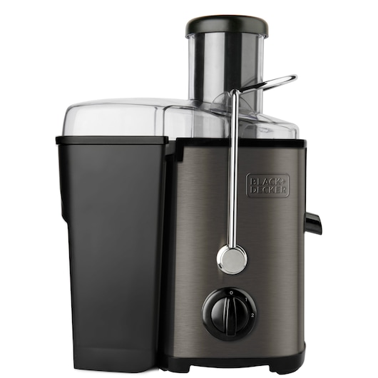 A BLACK+DECKER electric juicer with a metallic finish and black plastic parts, featuring a clear lid, large feed chute, and control dial on the front.