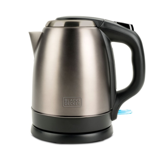 A brushed stainless steel electric kettle with a black plastic handle and base, featuring the BLACK+DECKER logo on the front.