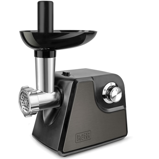 A BLACK+DECKER electric meat grinder with a metallic body, black plastic accents, and a visible power dial on the right side. The appliance features a large tray and a pusher for guiding meat into the grinding mechanism. The brand logo appears on the front.