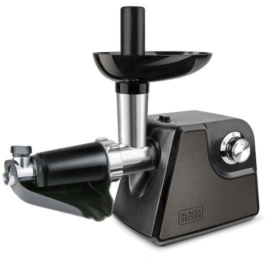 BLACK+DECKER electric meat grinder with a modern black and silver design, featuring a feeding tube, tray, and control knob on the side.