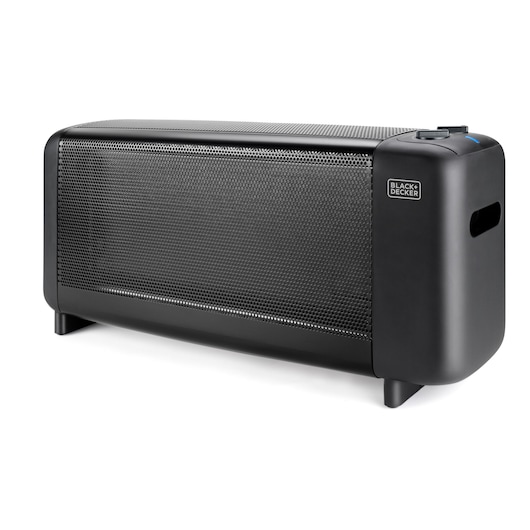 A BLACK+DECKER branded portable heater with a black, modern design and mesh front panel.