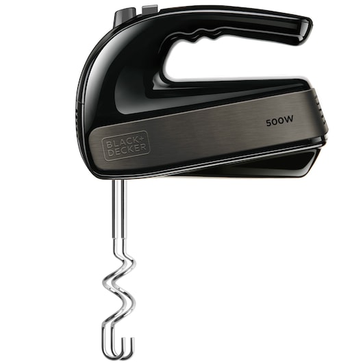 A BLACK+DECKER BXMX500E black and silver hand mixer with a spiral dough hook attachment. The mixer is labeled 500W on the side.