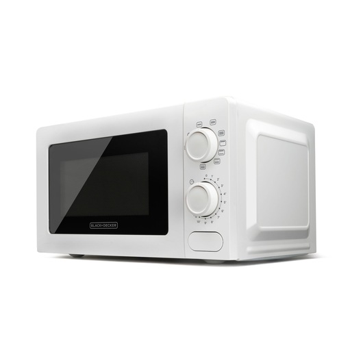A white BLACK+DECKER microwave oven with two control dials on the right side and a black front window, shown on a white background.