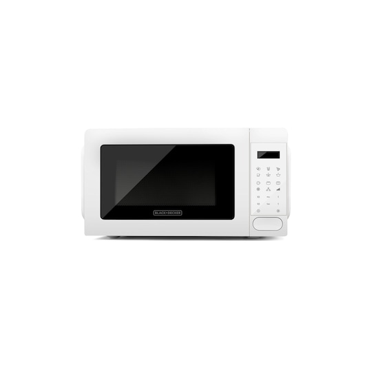 A white BLACK+DECKER microwave oven with a digital display and control panel on the right side. The microwave has a black glass door and a rectangular shape.