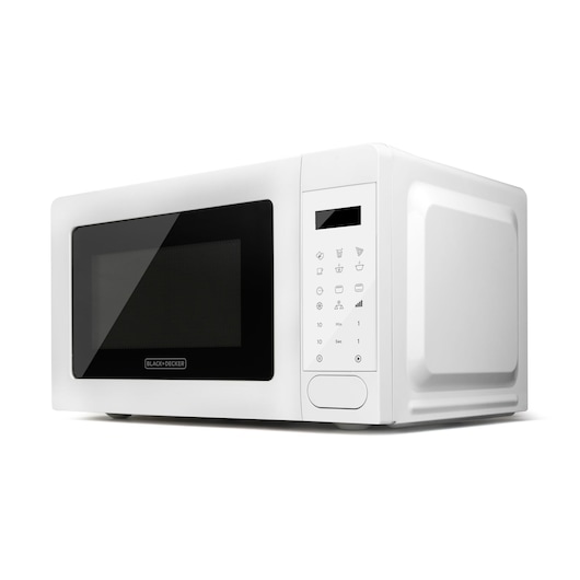 A white BLACK+DECKER microwave oven with a digital control panel and black glass door, shown on a white background.