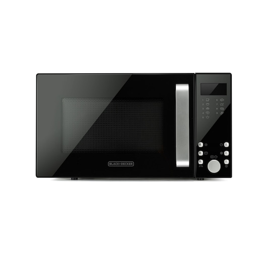 Front view of a BLACK+DECKER BXMZ900E microwave oven with a black glossy finish, stainless steel handle, and digital control panel on the right side.