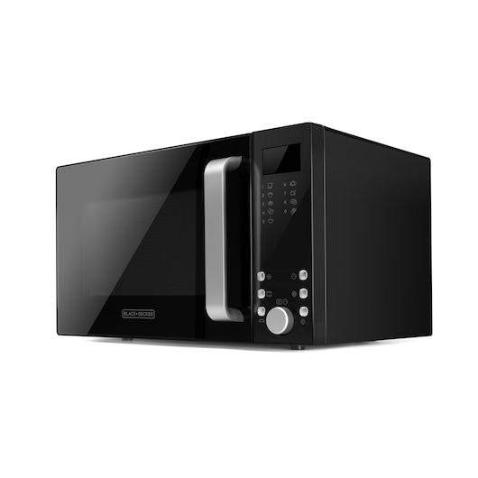 A black BLACK+DECKER microwave oven with a digital control panel and a large silver handle, shown on a white background.