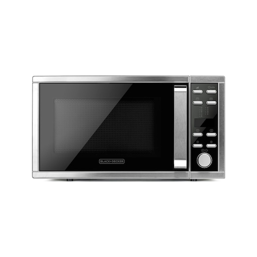 Front view of a BLACK+DECKER microwave oven, featuring a digital control panel with multiple buttons and a rotary dial on the right side. The microwave has a sleek stainless steel design and a black glass door.