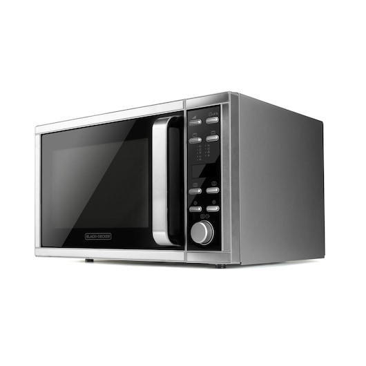 A modern BLACK+DECKER microwave oven with a digital control panel and a stainless steel finish, photographed on a white background.