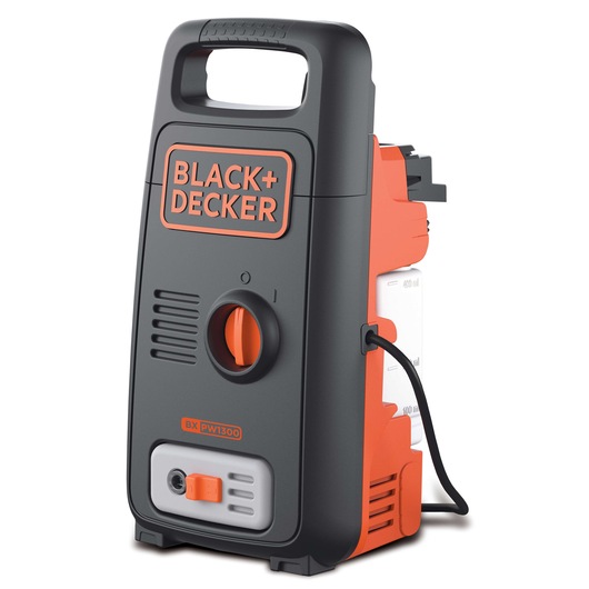 BLACK+DECKER BXPW1300E pressure washer, black and orange, front angle on white background.