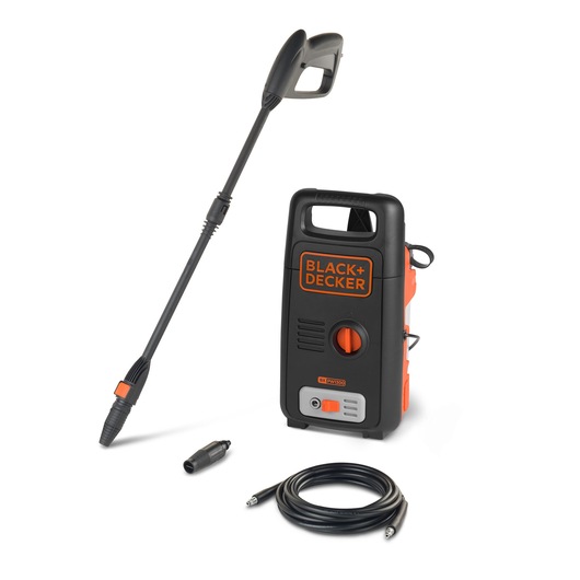 BLACK+DECKER BXPW1300E pressure washer in black and orange, shown with nozzle, hose, and connector, front angle.