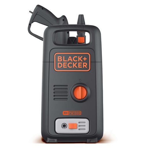 BLACK+DECKER BXPW1300E pressure washer front view, black and orange design, brand logo visible.