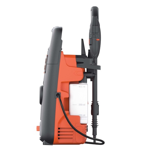 BLACKDECKER BXPW1300E pressure washer, side view, orange and black casing, attached spray wand.