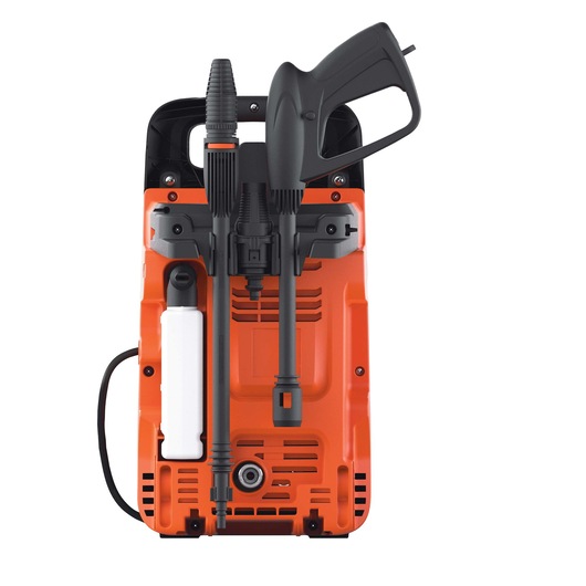 BLACKDECKER BXPW1300E pressure washer front angle, orange body, black handle and attachments, on white background.