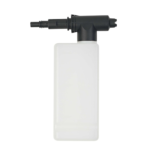 BLACK+DECKER BXPW1300E pressure washer detergent bottle, white container with black nozzle, front view.