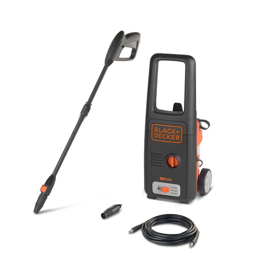 BLACK+DECKER BXPW1400E pressure washer with wand, hose, and nozzle, front angle, white background.