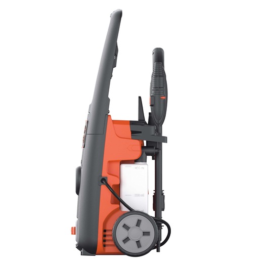 BLACK+DECKER BXPW1400E pressure washer side view with orange and black body and attached wheels.