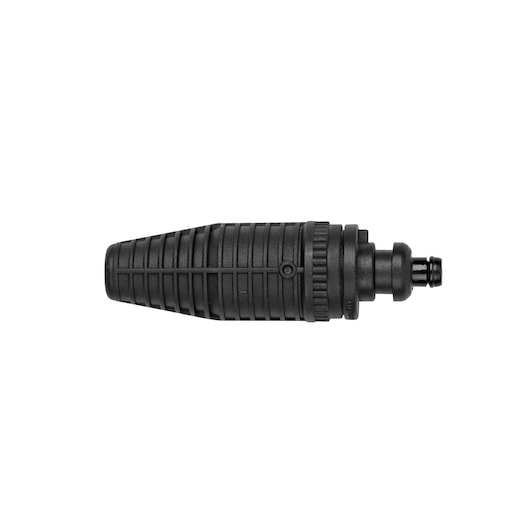 BLACKDECKER BXPW1400E pressure washer nozzle, black, ribbed plastic design, side angle, white background.