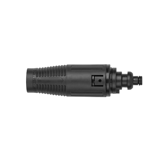 BLACKDECKER BXPW1400E black plastic pressure washer connector side view on white background.