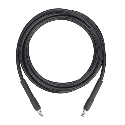 BLACKDECKER BXPW1400E black pressure washer hose with metal connectors, top view on white background.