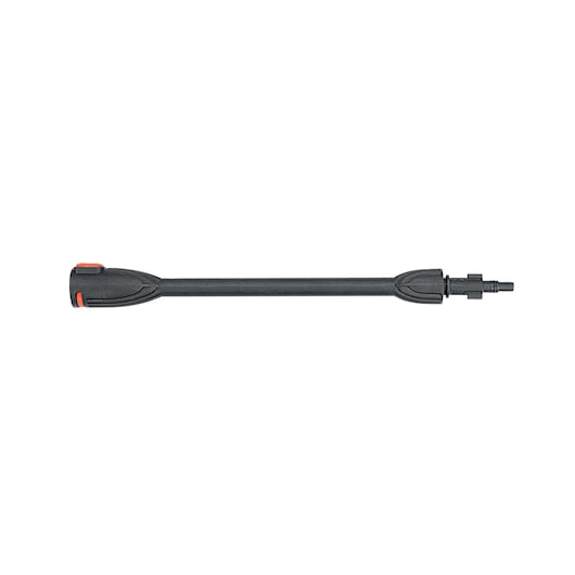 BLACK+DECKER BXPW1400E black pressure washer lance, straight angle, with orange accents, on white background.