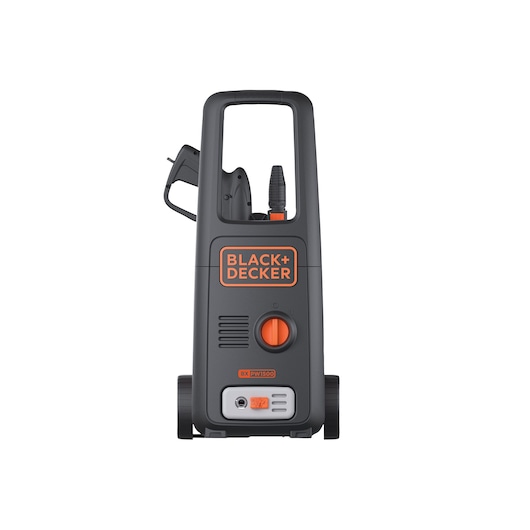 Front view of a BLACK+DECKER pressure washer model BXPW1500E, featuring a grey and orange design with wheels and handle, intended for cleaning outdoor surfaces.