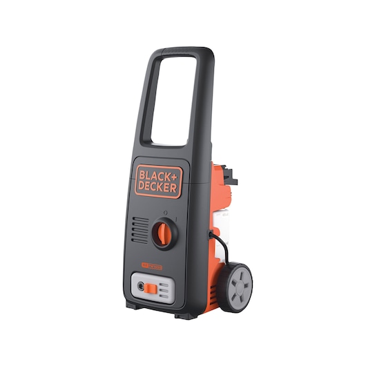 BLACK+DECKER BXPW1500E pressure washer with a black and orange body, prominent handle, wheels for portability, and visible brand logo on the front.