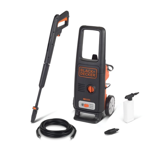 BLACK+DECKER BXPW1600E pressure washer with spray wand, hose, detergent bottle, and nozzle, front angle.