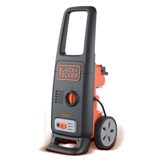 BLACK+DECKER BXPW1600E pressure washer, black and orange, side angle on white background.