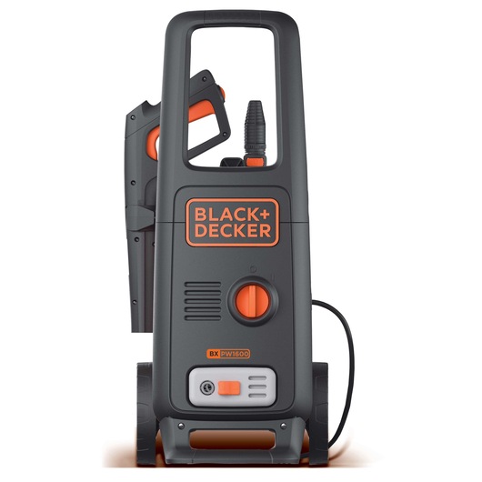 BLACK+DECKER BXPW1600E pressure washer front view, black and orange design, hose and handle visible.