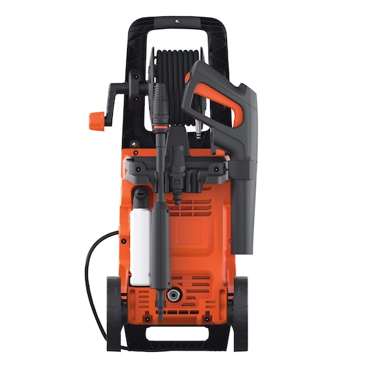 Front view of a BLACK+DECKER BXPW1700E pressure washer in orange and black, showing the handle, hose reel, spray gun, and attached hose. The unit has wheels for easy mobility.