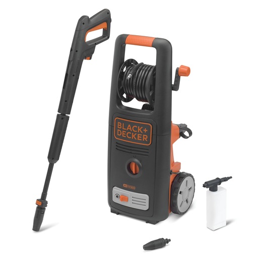BLACK+DECKER BXPW1800E pressure washer with hose, spray gun, nozzle and detergent bottle, front angle.