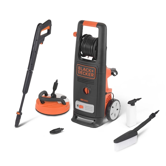 BLACK+DECKER high pressure washer set model BXPW2000PE with various attachments, including a trigger gun, a rotating brush, a patio cleaner, a detergent bottle, and a nozzle accessory, all arranged on a white background.