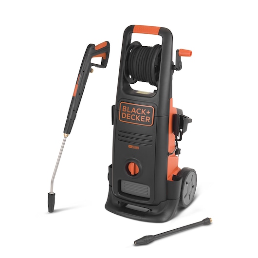 BLACK+DECKER high-pressure washer with wheels, hose, and spray gun attachment, shown in black and orange design.