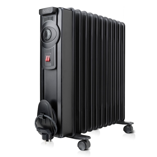 BLACK+DECKER black electric oil-filled radiator heater with multiple heating fins, power switches, control dial, wheels for mobility, and attached power cord.