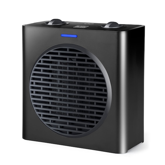 A BLACK+DECKER BXSH1500E portable electric heater with a modern black design, featuring a circular front grille and two control knobs on top.
