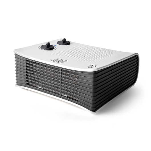A BLACK+DECKER BXSH2001E heater with a white top, two black control knobs, and gray front grills. The heater is compact and rectangular in shape, displayed on a white background.