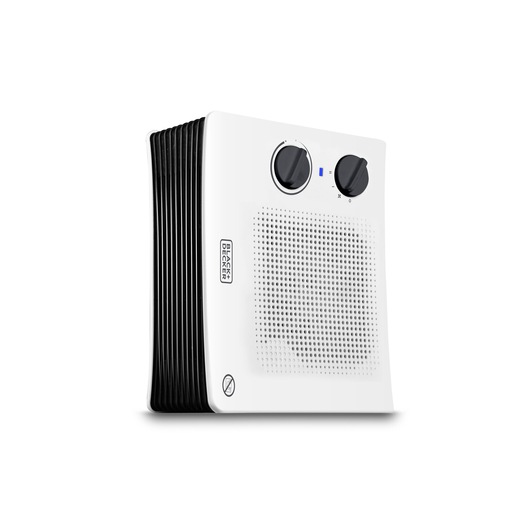 A BLACK+DECKER BXSH2001E portable electric heater with a white front panel, two black control dials, and a perforated vent. The heater features a modern design with black side fins and a visible BLACK+DECKER logo.