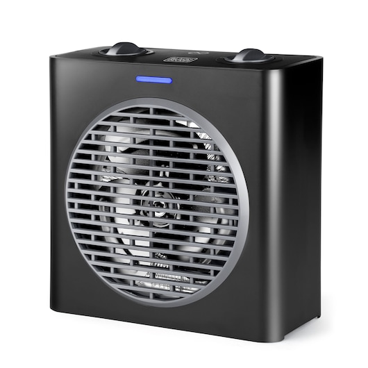 A black rectangular electric fan heater with a circular grille and two control knobs on top.
