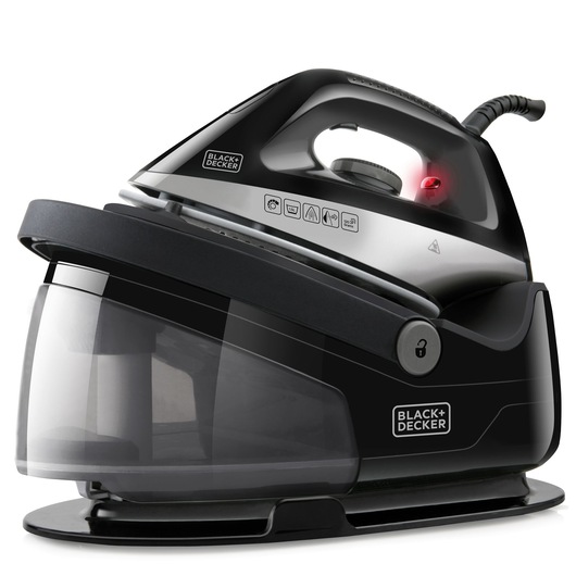 A BLACK+DECKER steam generator iron with a black and silver design, showing the handle, control dial, water tank, and brand logo.