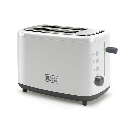 A white BLACK+DECKER toaster with two slots and control buttons and a knob for setting toast levels.