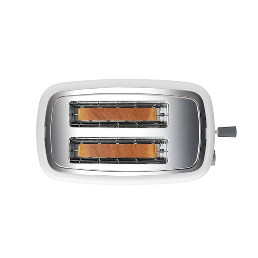 Top view of a white and silver two-slot toaster with two slices of bread inside.