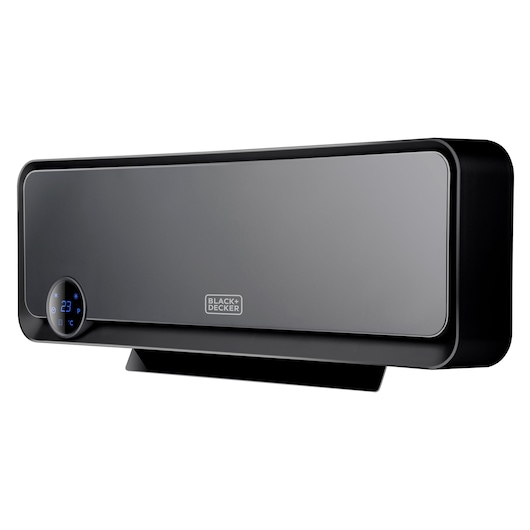 A BLACK+DECKER wall-mounted heater with a modern black design, a digital control display showing temperature, and the BLACK+DECKER logo in the center.