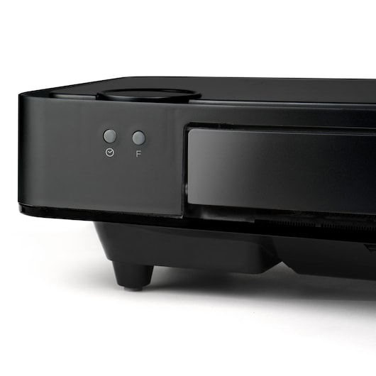 BLACKDECKER BXWSH2000E black robot vacuum cleaner corner, close-up on top controls, white background.