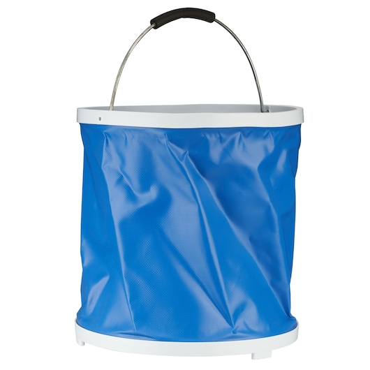 A collapsible blue bucket with a white rim and a metal handle featuring a black grip.