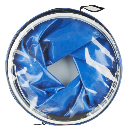 A photography accessory in a round zippered carrying case with a transparent front, showing a folded blue item inside.