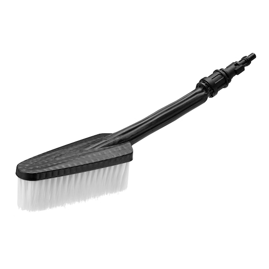 BLACKDECKER BZOBR1 cleaning brush attachment with long black handle and white bristles, side angle on white.
