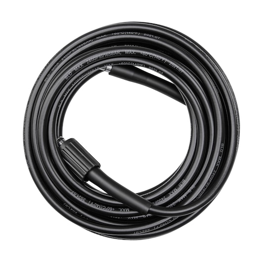 BLACKDECKER BZOH8 black high-pressure hose coiled neatly, side angle on white background, photography product.